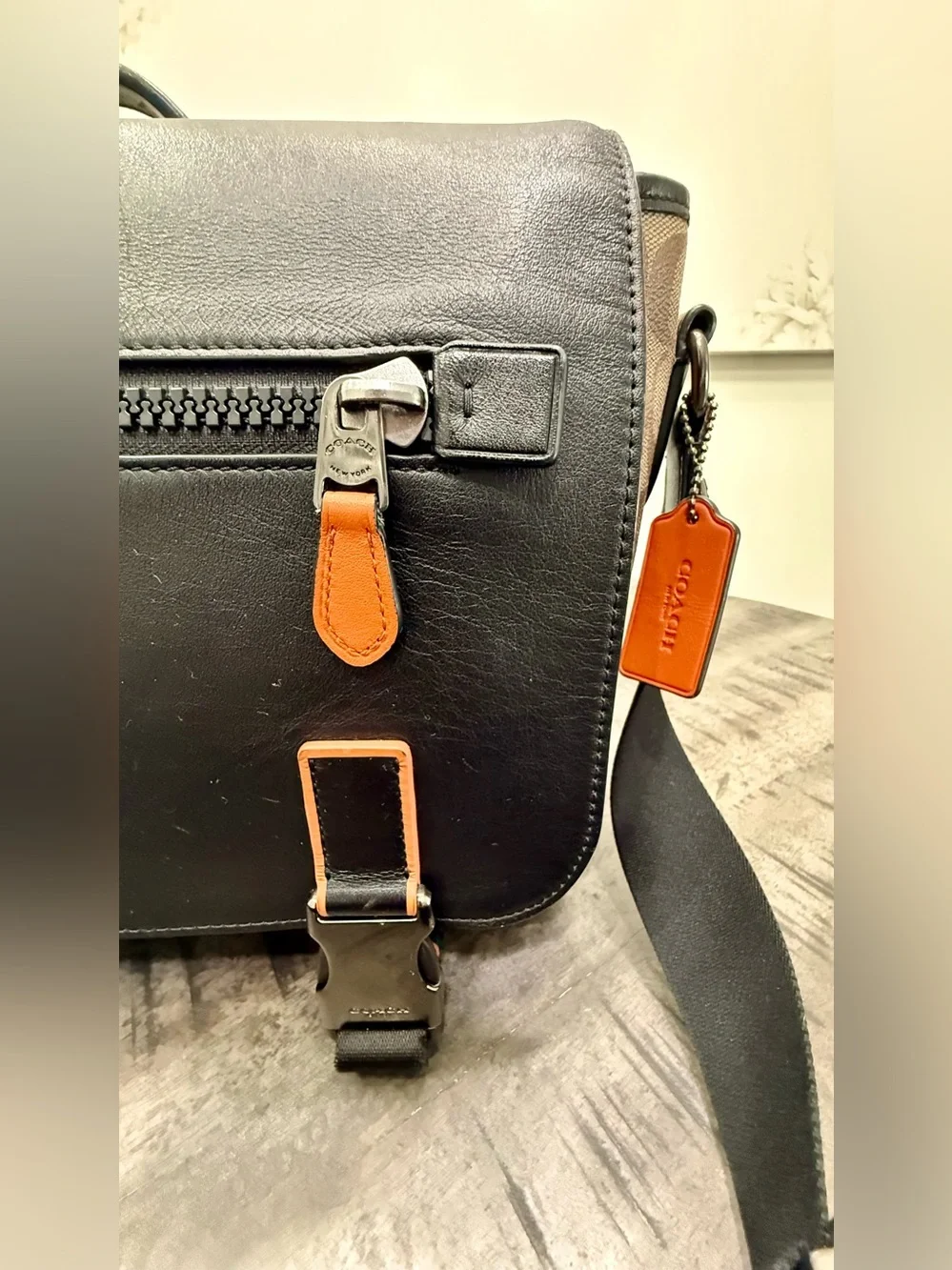 Coach Black Leather & Brown Signature Canvas Messenger Bag with Orange Accents